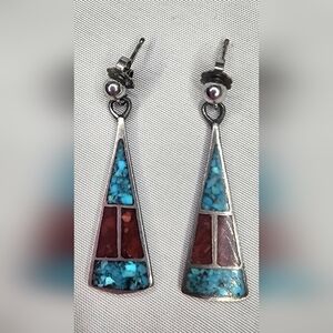 Vintage Native American Navajo turquoise and coral inlay sterling silver earring